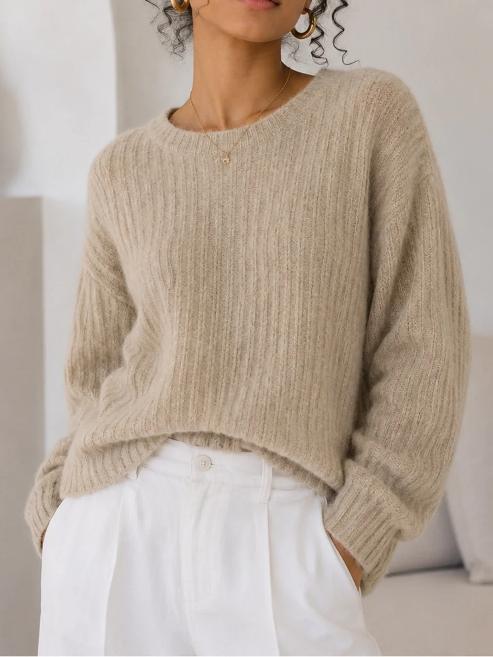 Classic Crewneck Ribbed Sweater in Beige